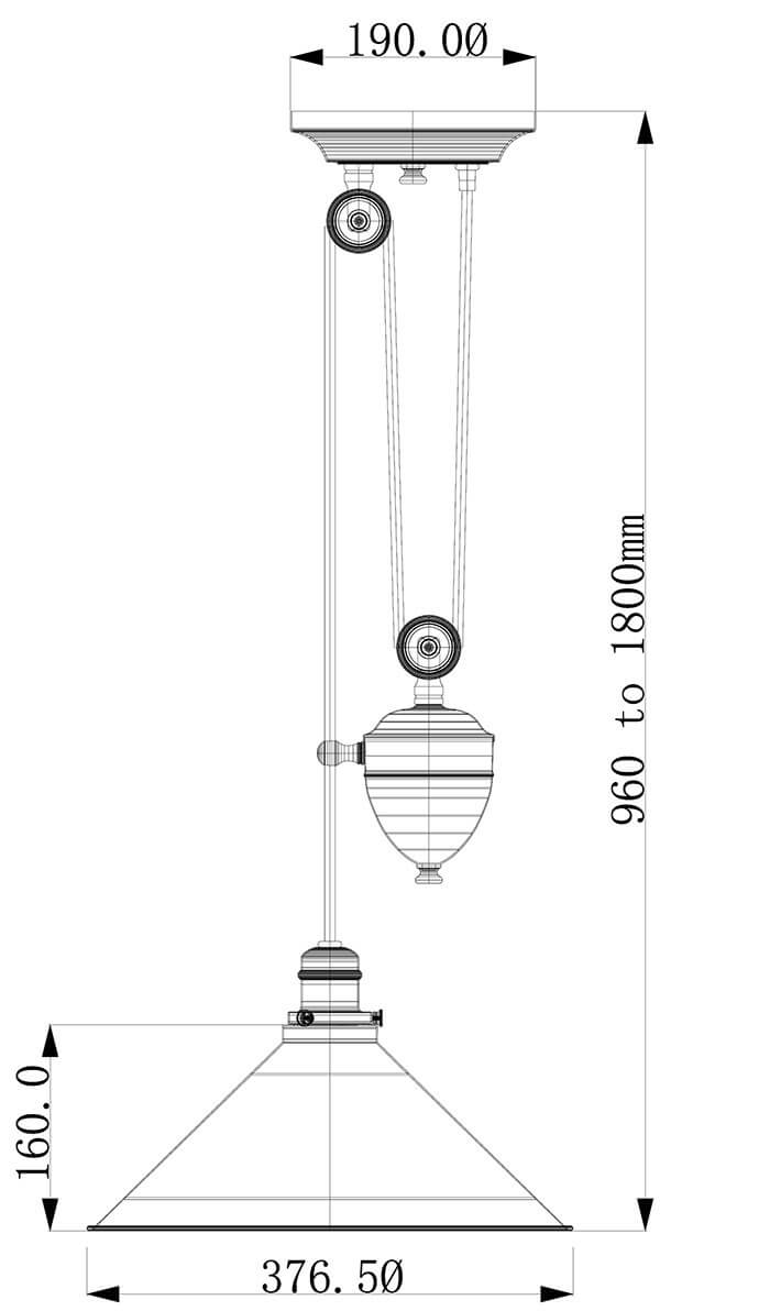 Schéma technique coté avec diamètre 376,5 mm et hauteur réglable.