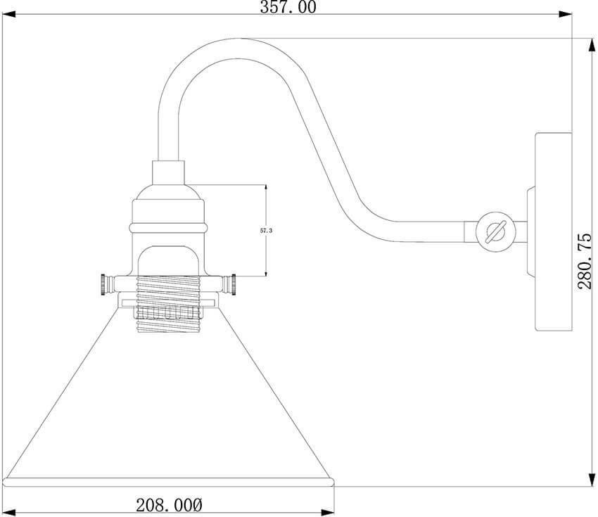 Schéma coté de l'applique indiquant largeur 357 mm et hauteur 280,75 mm