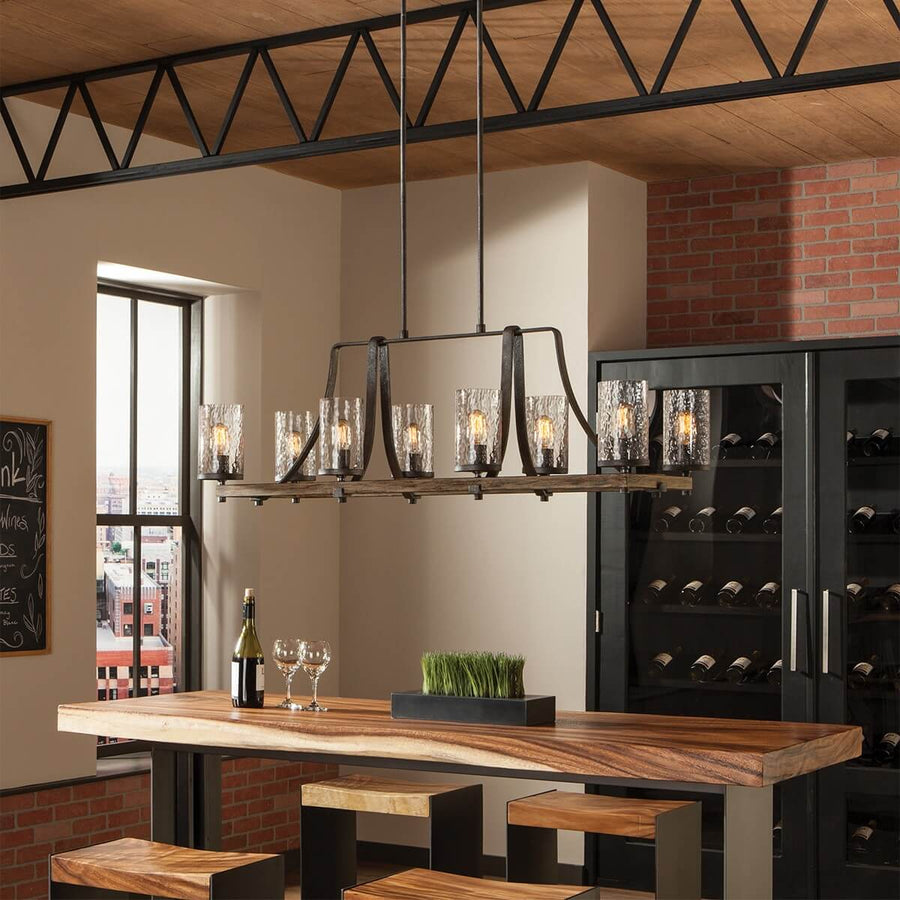 Mise en situation au-dessus d'une table en bois, briques et casier à vin