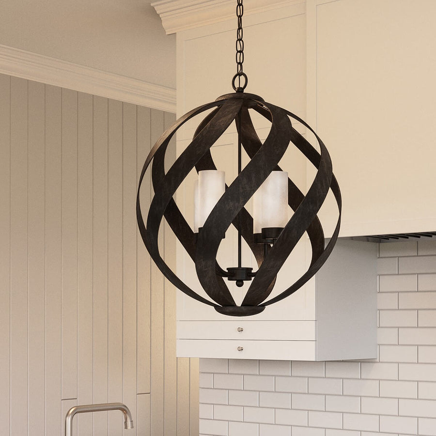 Suspension extérieure Blacksmith 4 lumières noire et opale, verre
