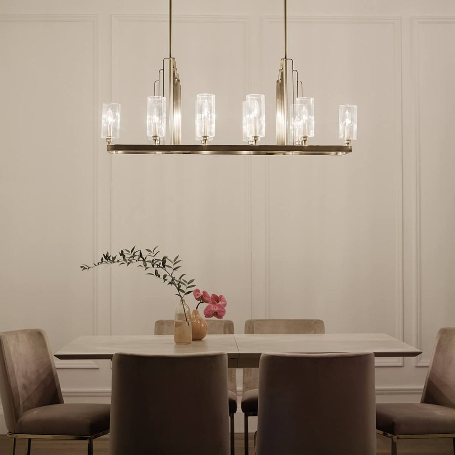 Lustre Kimrose 10 lumières bois et laiton, verre