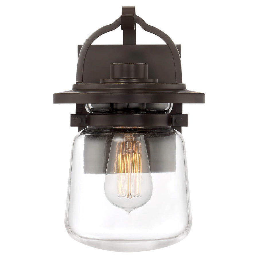 Vue de face du luminaire éclairé, ampoule filament allumée dans le verre
