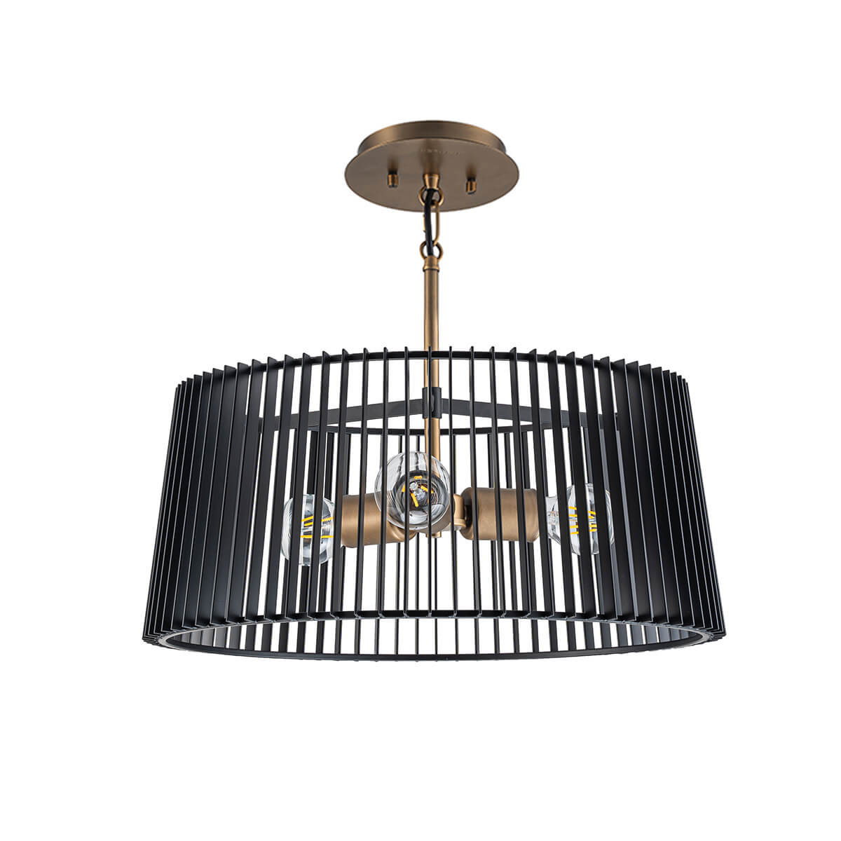 Vue de face éteinte du luminaire, structure noire et douilles en laiton