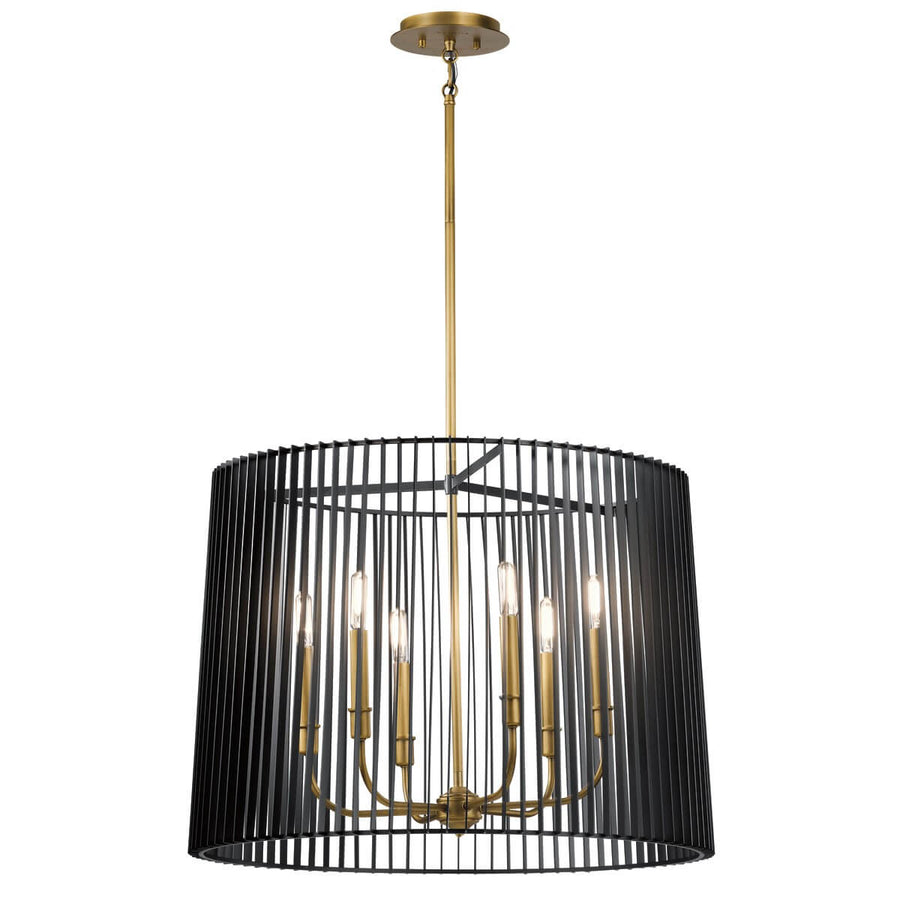 Vue de face du lustre suspension avec abat-jour cylindrique à lamelles noires et six lumières.