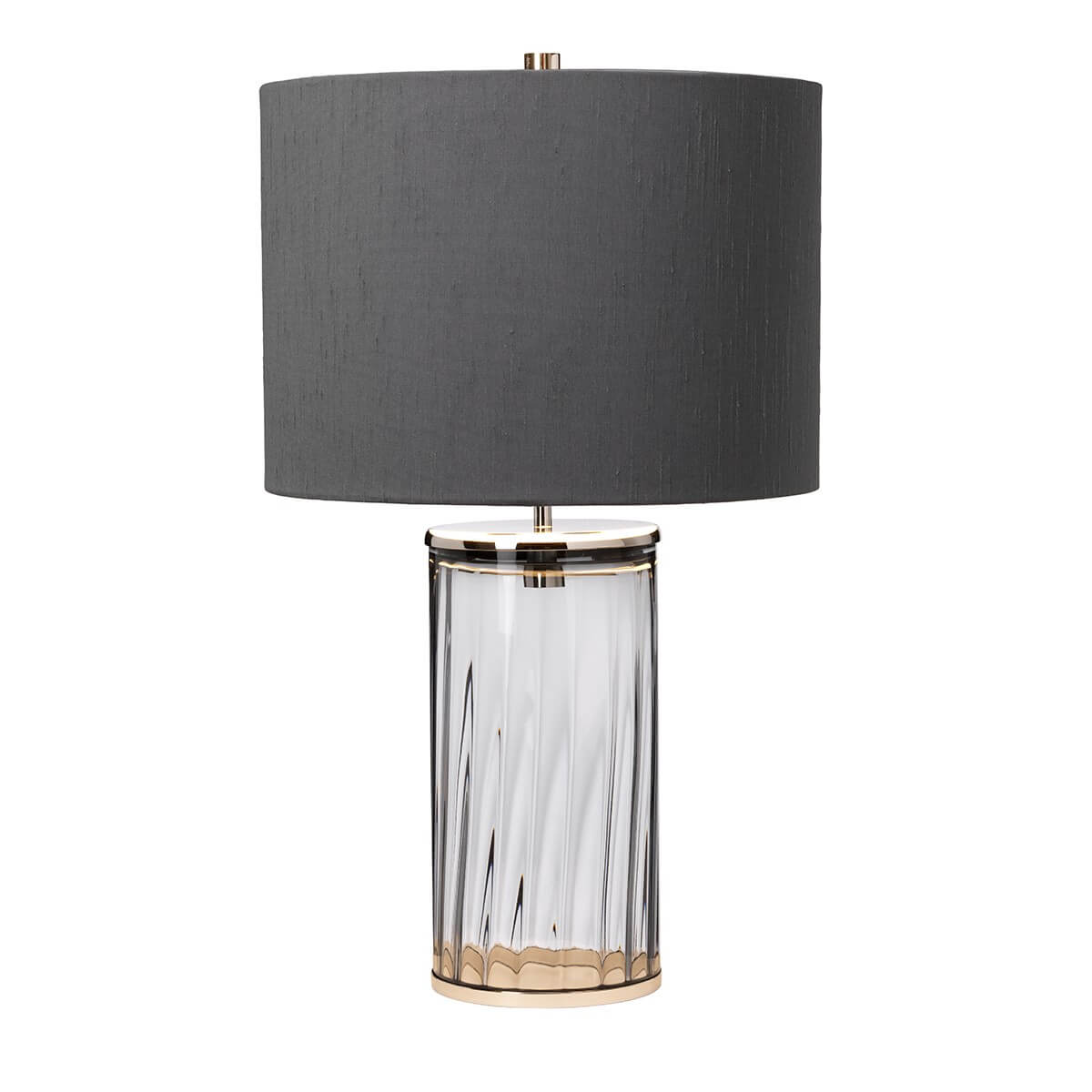 Vue de trois quarts de la lampe, montrant le socle métallique nickel et le verre transparent