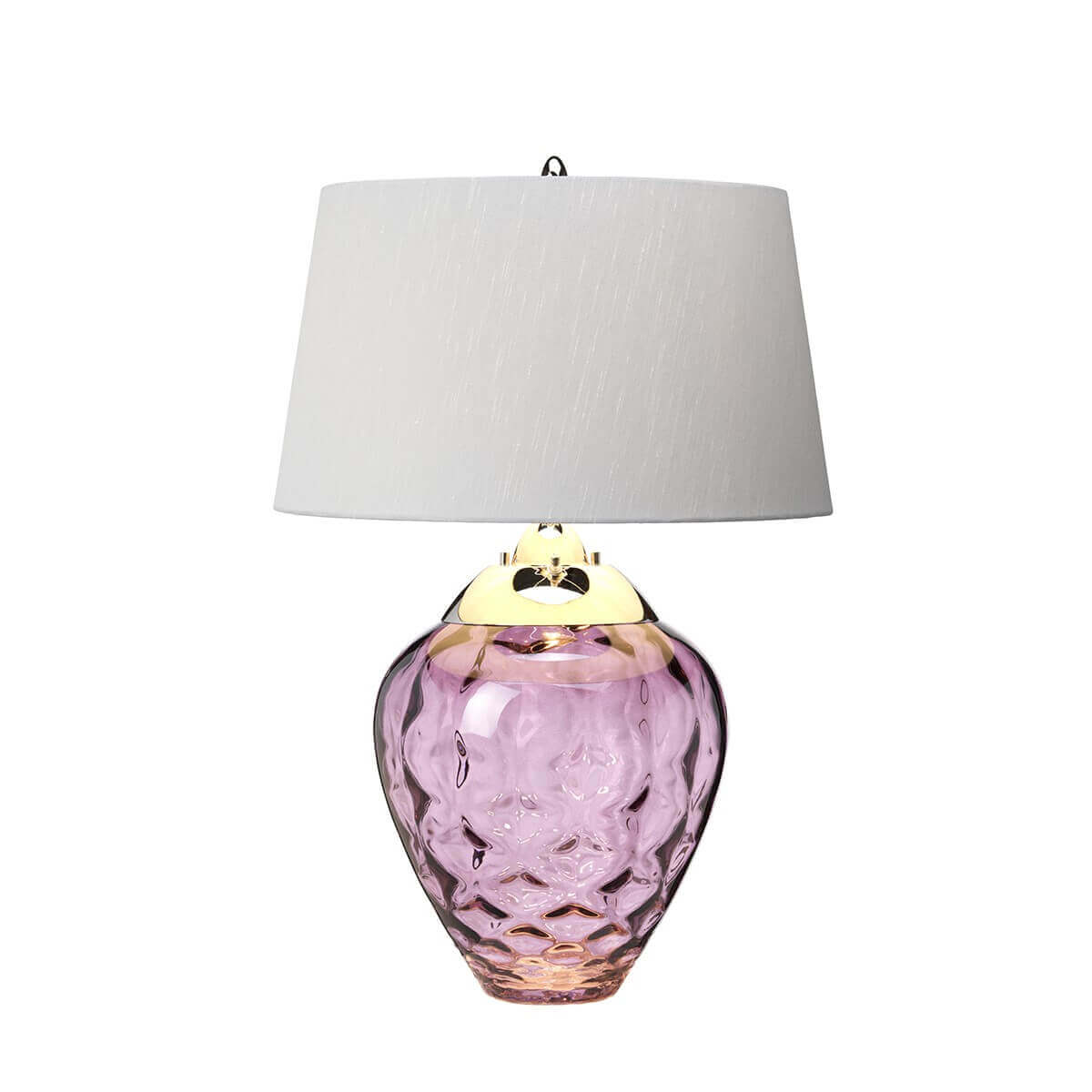 Même lampe vue de face, finition laiton doré et verre rose transparent aux reflets lumineux
