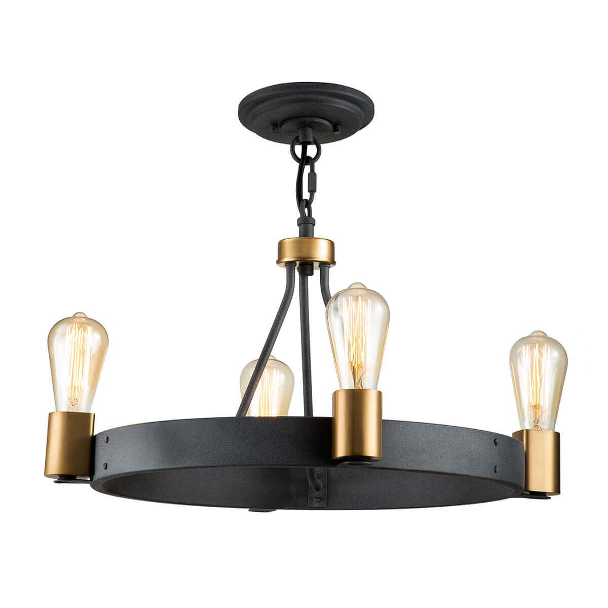 Autre angle de la suspension avec anneau noir, ampoules visibles et chaîne.