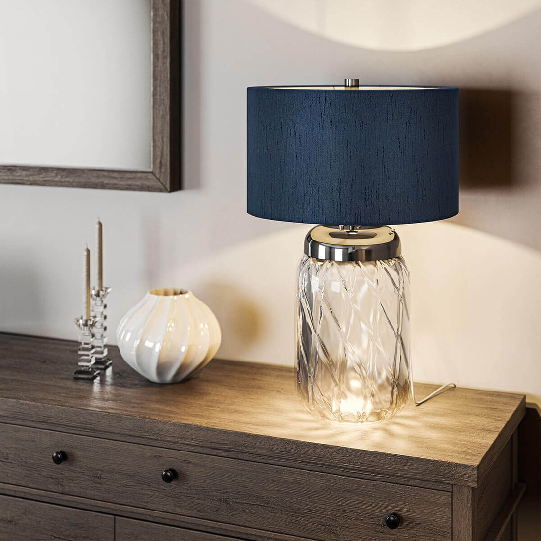 Lampe à poser Sola nickel poli et bleu, verre, H 67,5 cm
