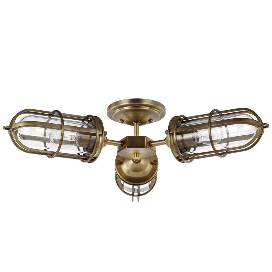 Autre présentation du luminaire à trois cages cylindriques et bras métalliques dorés