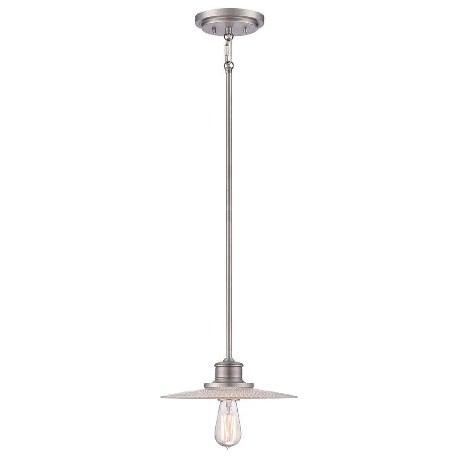 Vue d'ensemble du pendant nickel avec ampoule à filament apparente sous le verre