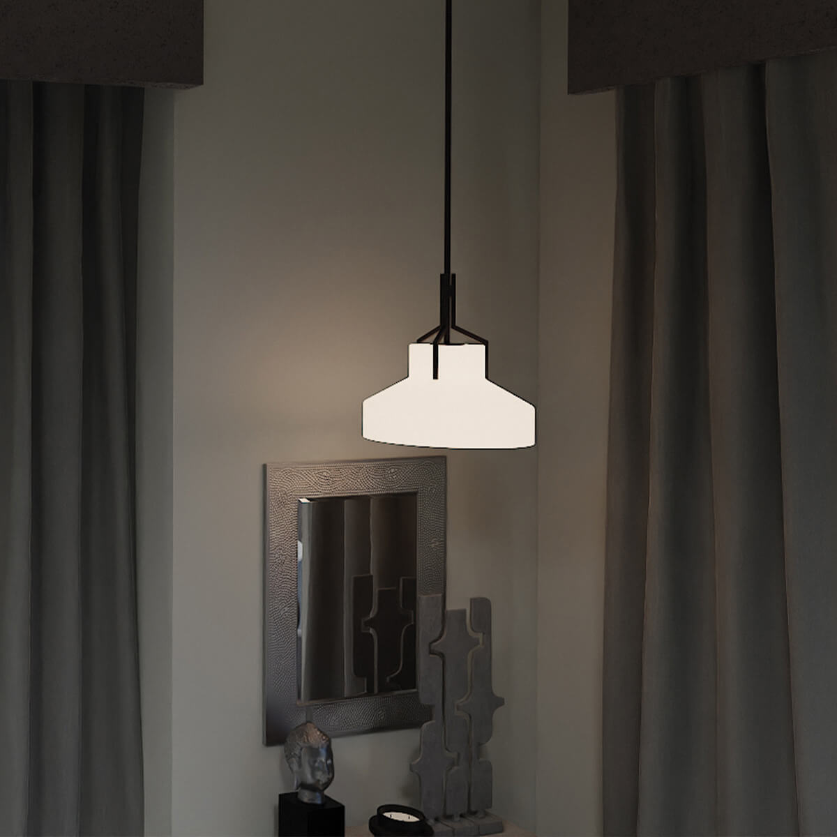 Suspension allumée dans un intérieur sombre, diffusant une lumière chaude sur le mur