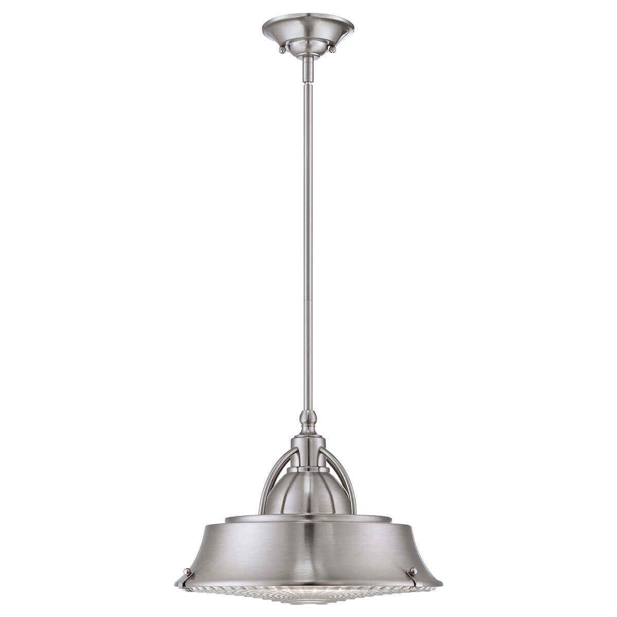 Luminaire suspendu de trois quarts, abat-jour métallique et fixation plafond
