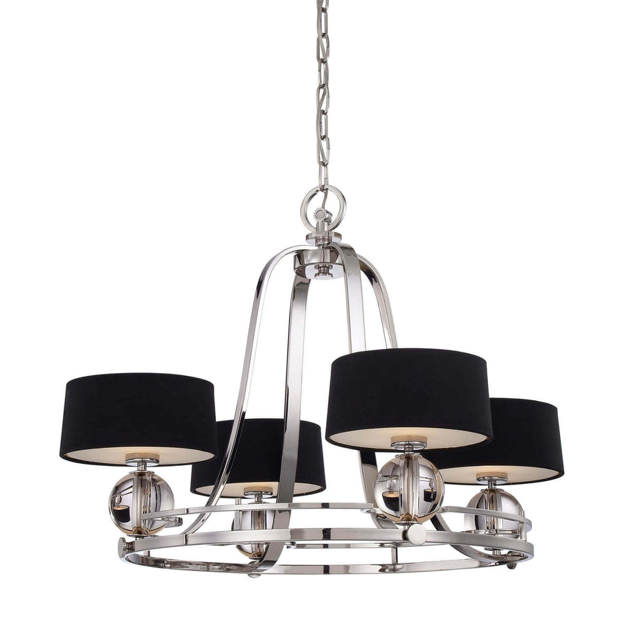 Lustre quatre lumières en métal chromé avec abat-jour noirs et boules de verre