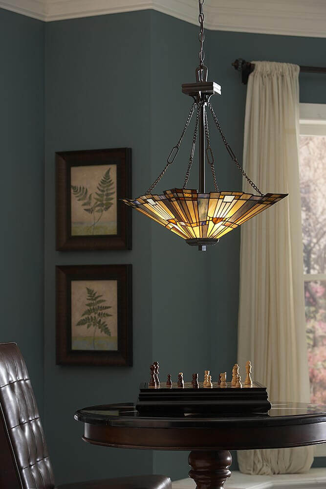 Suspension Inglenook 3 lumières bronze, verre, H 64,8 cm