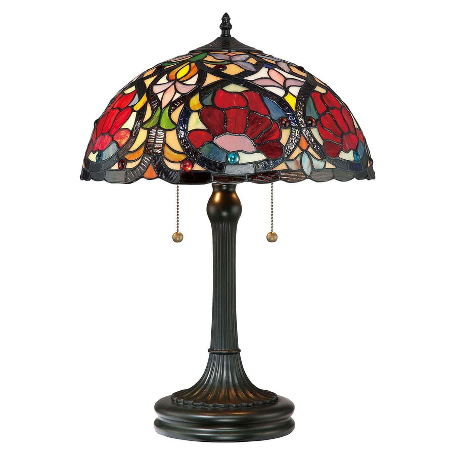 Lampe à poser complète, abat-jour Tiffany floral et base en bronze cannelée
