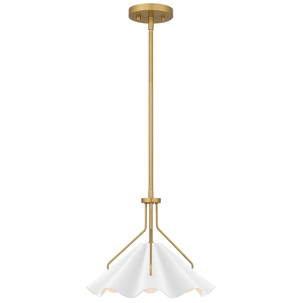 Vue d'ensemble du luminaire suspendu, structure dorée et coupole blanche ondulée