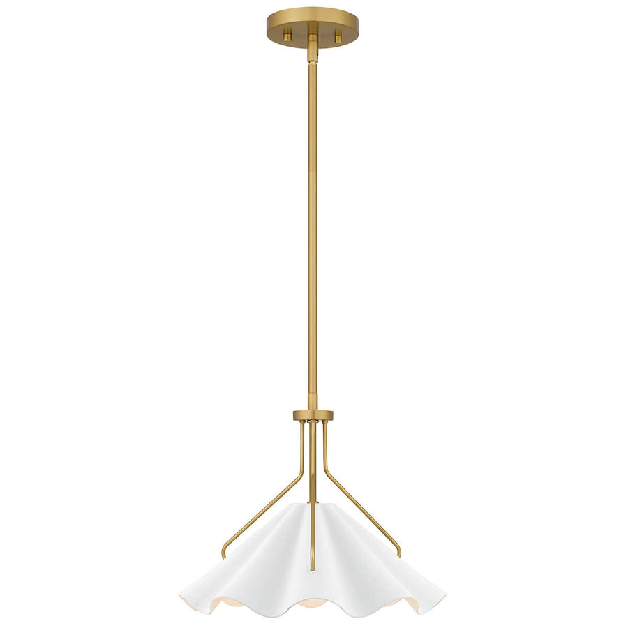 Vue d'ensemble du luminaire suspendu, structure dorée et coupole blanche ondulée