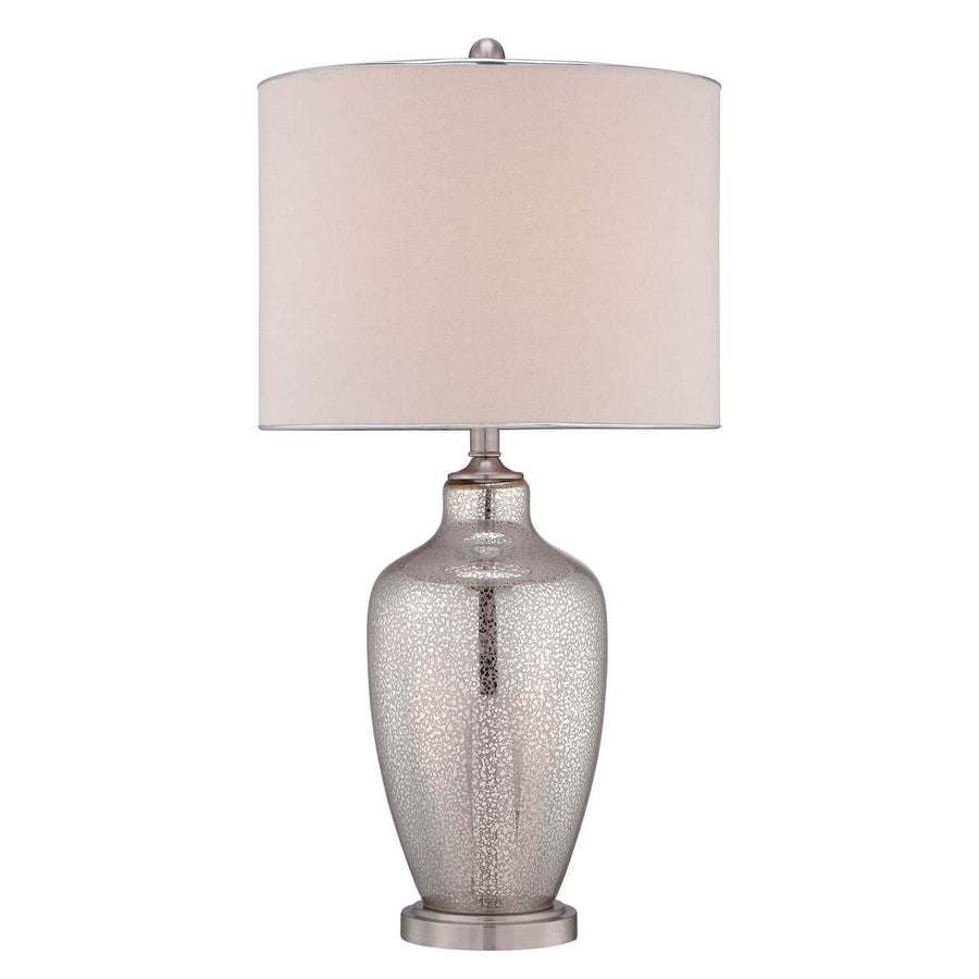 Lampe à poser de face, base en verre argenté moucheté et abat-jour beige cylindrique