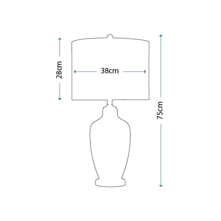 Schéma de dimensions indiquant 75 cm de hauteur totale et abat-jour de 38 cm