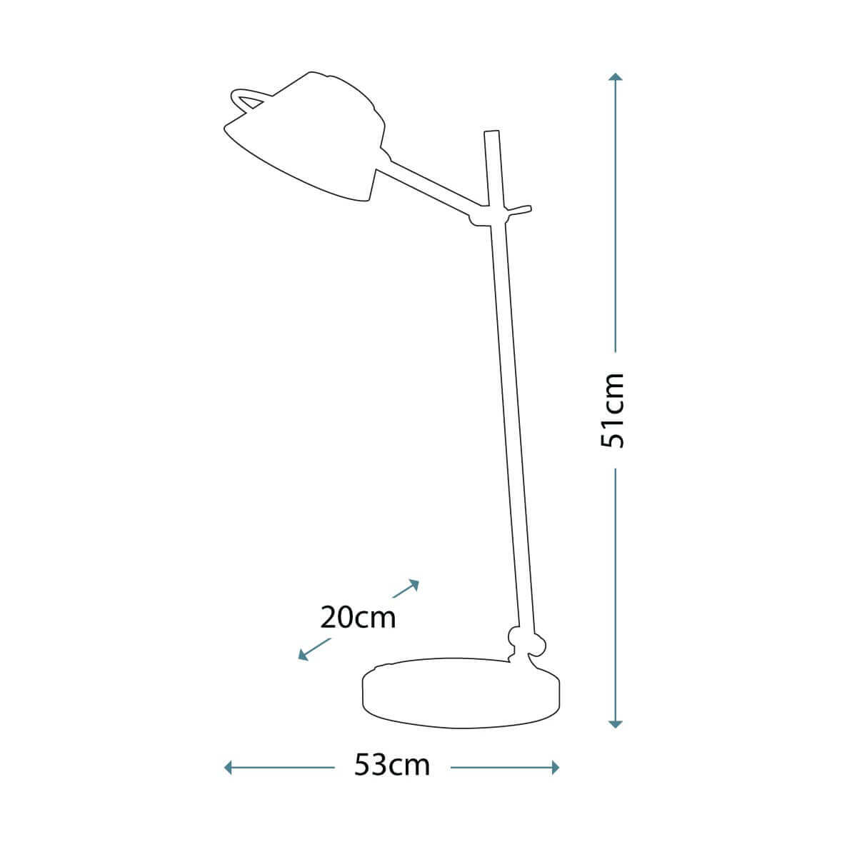 Schéma coté : hauteur 51 cm, base 20 cm et largeur 53 cm