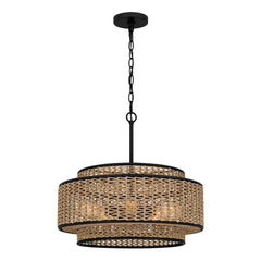 Suspension Teton 5 lumières noire mat et bois, corde