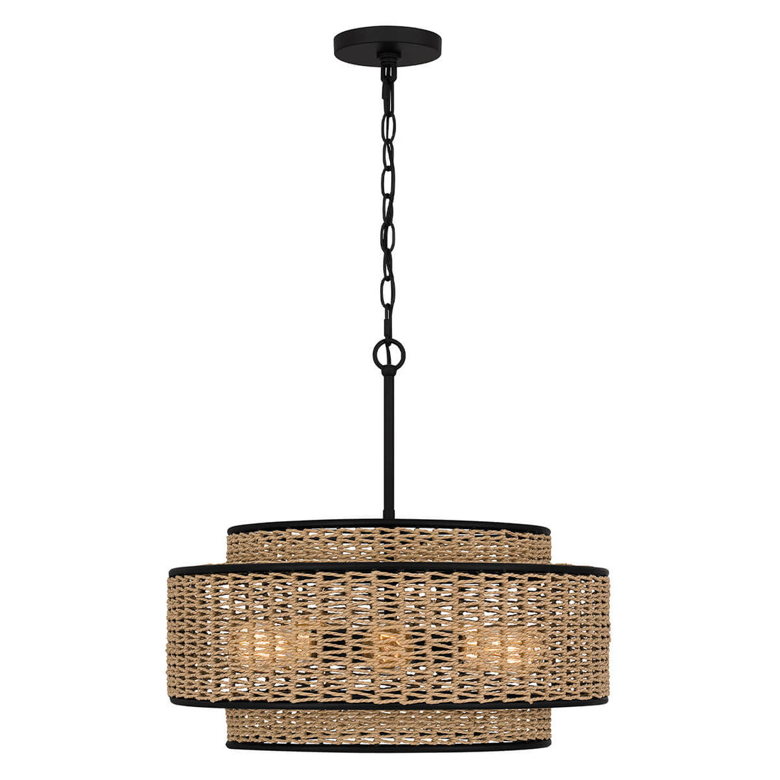 Suspension Teton 5 lumières noire mat et bois, corde