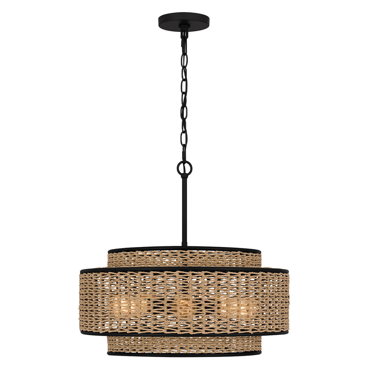 Suspension Teton 5 lumières noire mat et bois, corde
