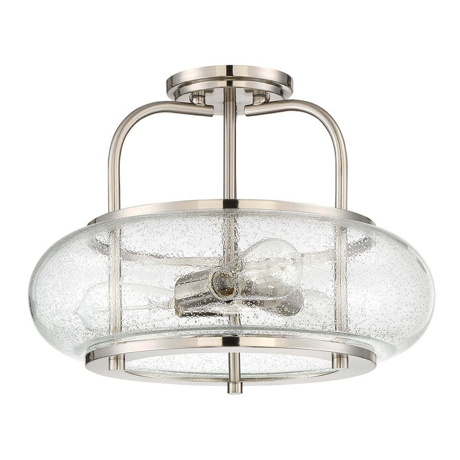 Vue rapprochée du plafonnier allumé, ampoules visibles à travers le verre moucheté