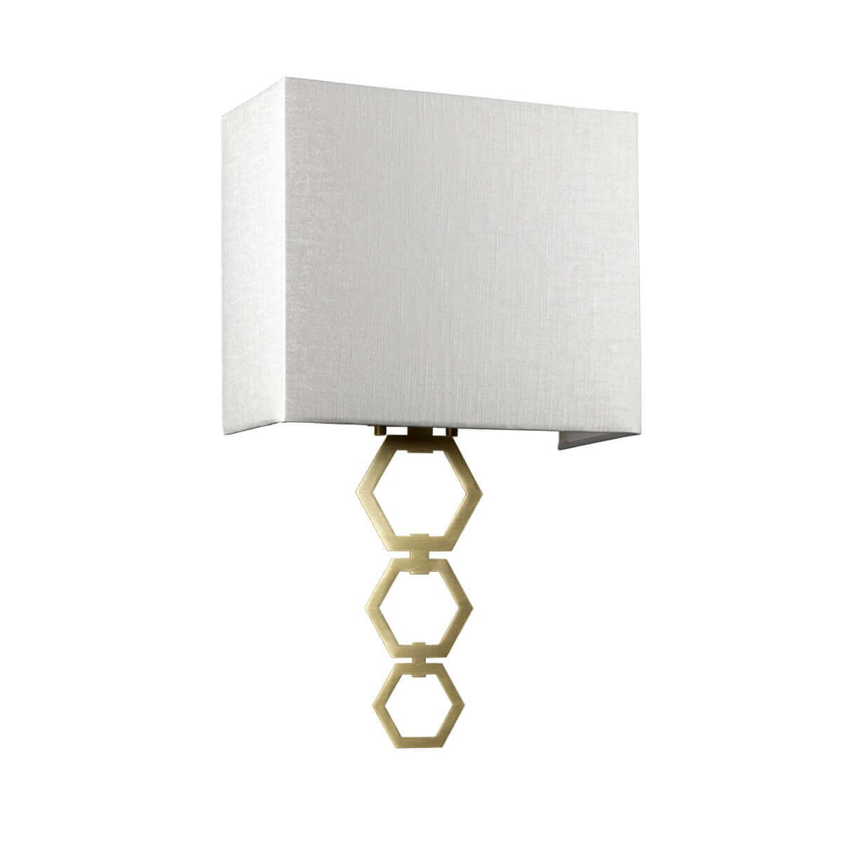 Vue frontale de l'applique murale éteinte, abat-jour crème et suspension hexagonale dorée