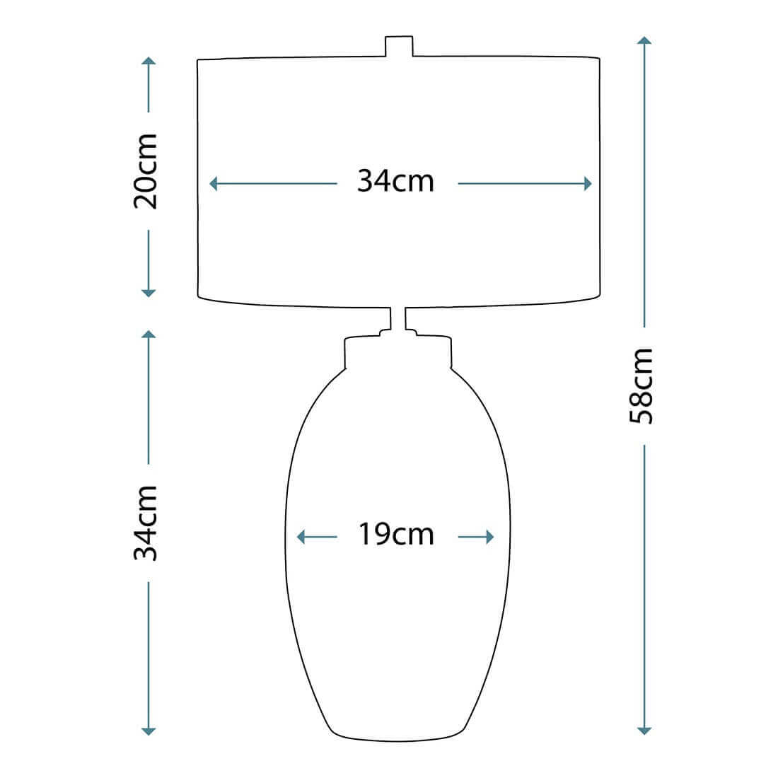 Schéma de dimensions avec hauteur totale 58 cm et diamètre abat-jour 34 cm.