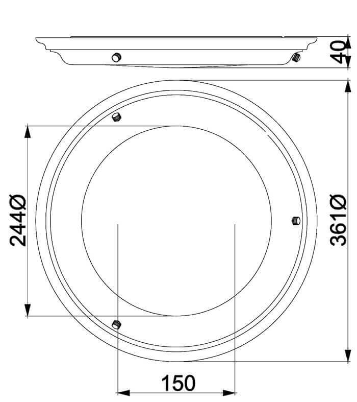 Schéma coté du plafonnier rond avec diamètre 361 mm et entraxe 150 mm.