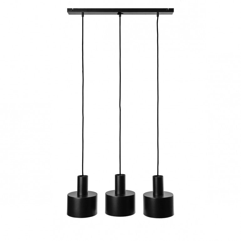 Autre vue de face de la suspension noire, mettant en évidence les trois diffuseurs sphériques.