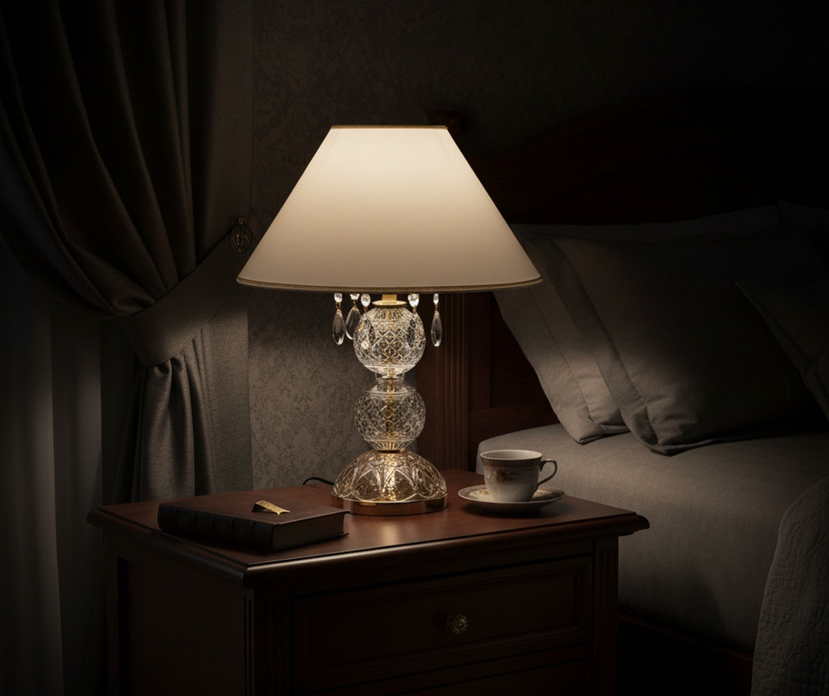 Mise en ambiance sur une table de chevet éclairée dans une chambre sombre