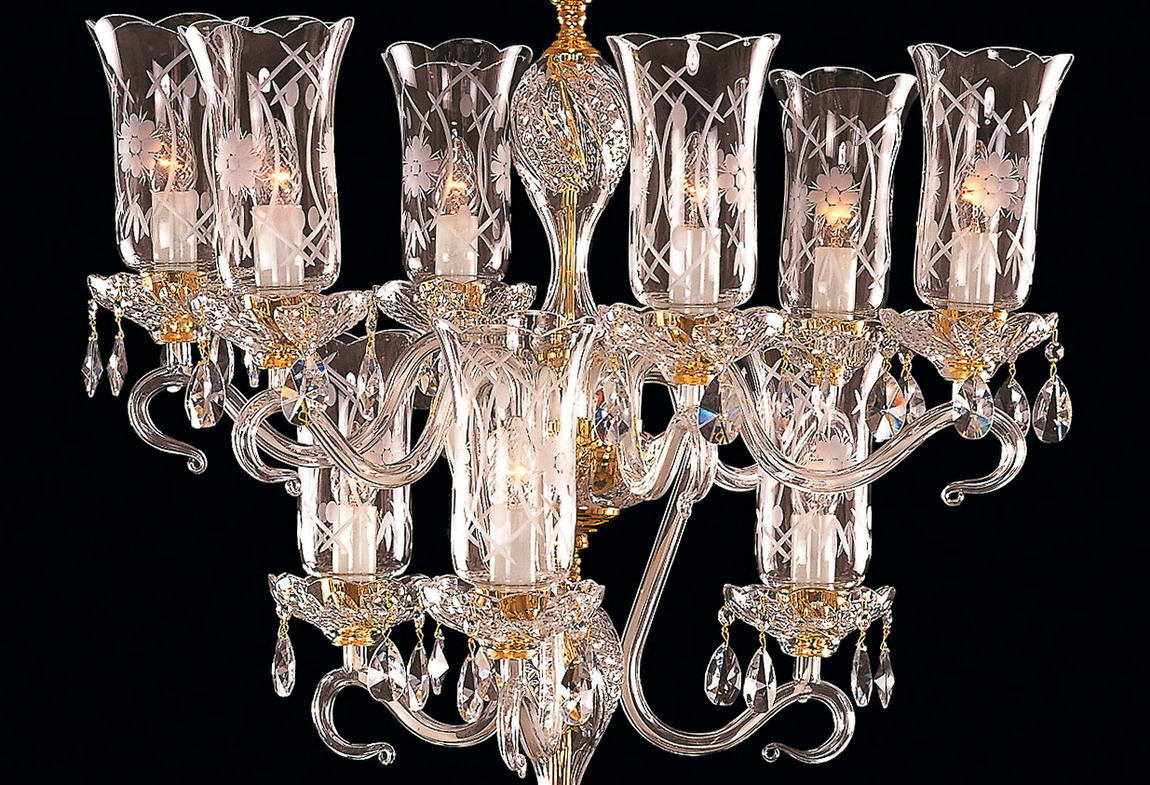 Vue rapprochée des bras recourbés, coupelles dorées et pendeloques en cristal taillé.