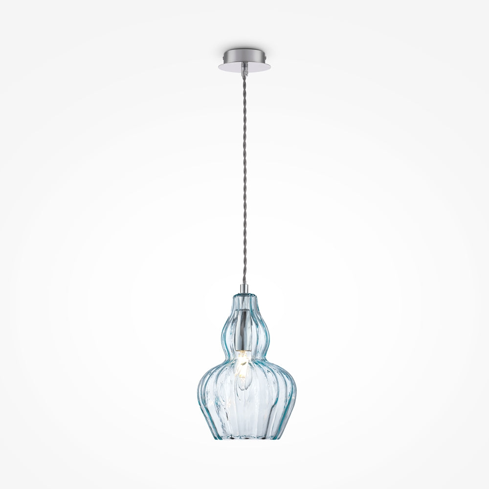 Suspension au verre bleu transparent vue de face avec câble tressé