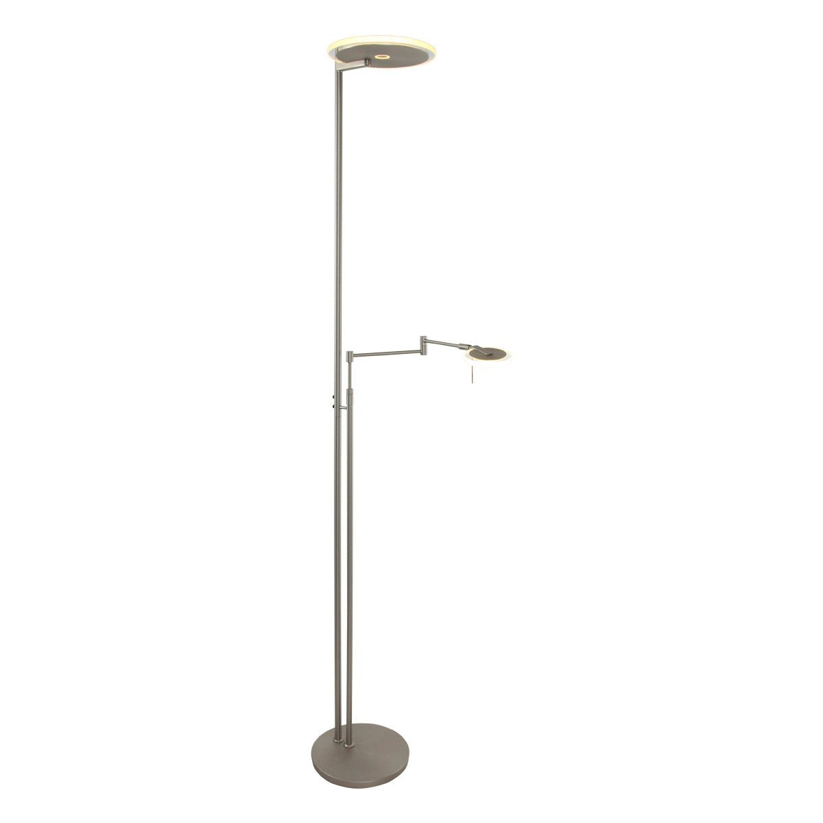 Lampadaire argenté vu de trois quarts, avec le bras de lecture déployé sur le côté.