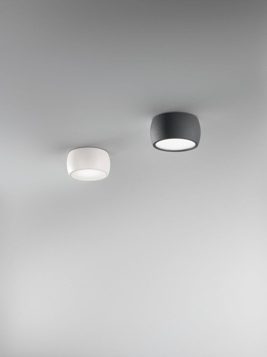 Deux spots plafond ronds, un blanc et un anthracite, installés au plafond dans une pièce claire.