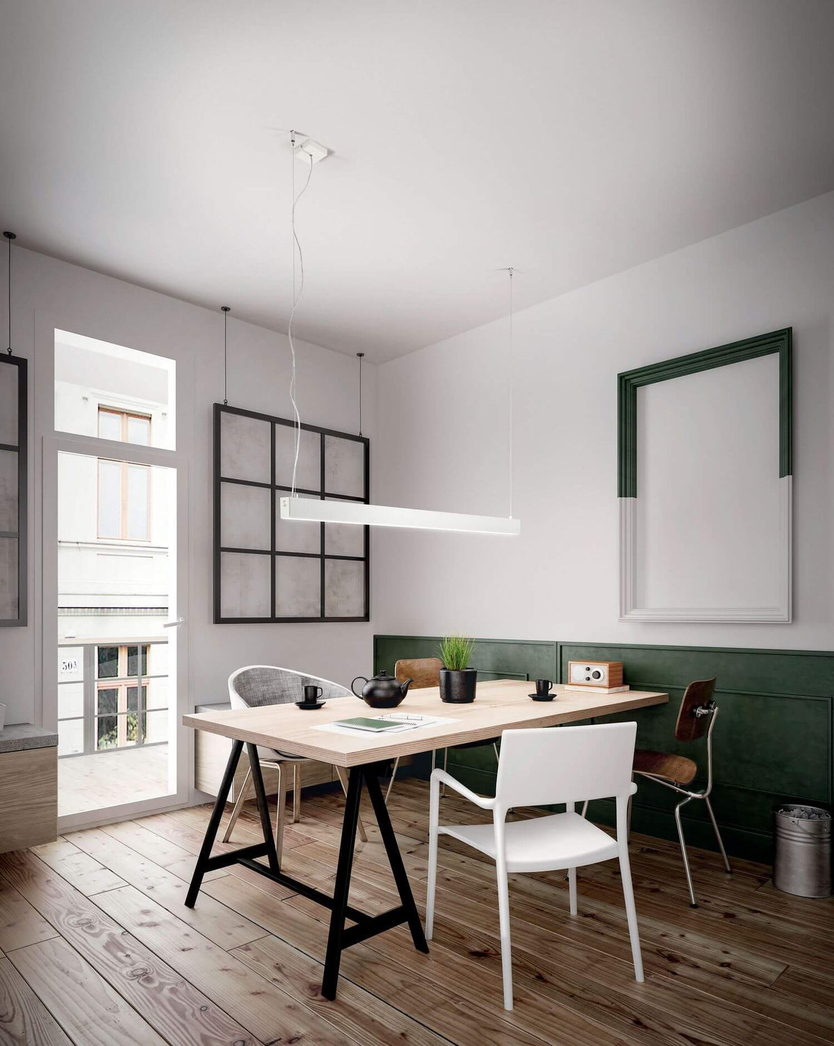 Mise en ambiance au-dessus d'une table de salle à manger dans un intérieur moderne