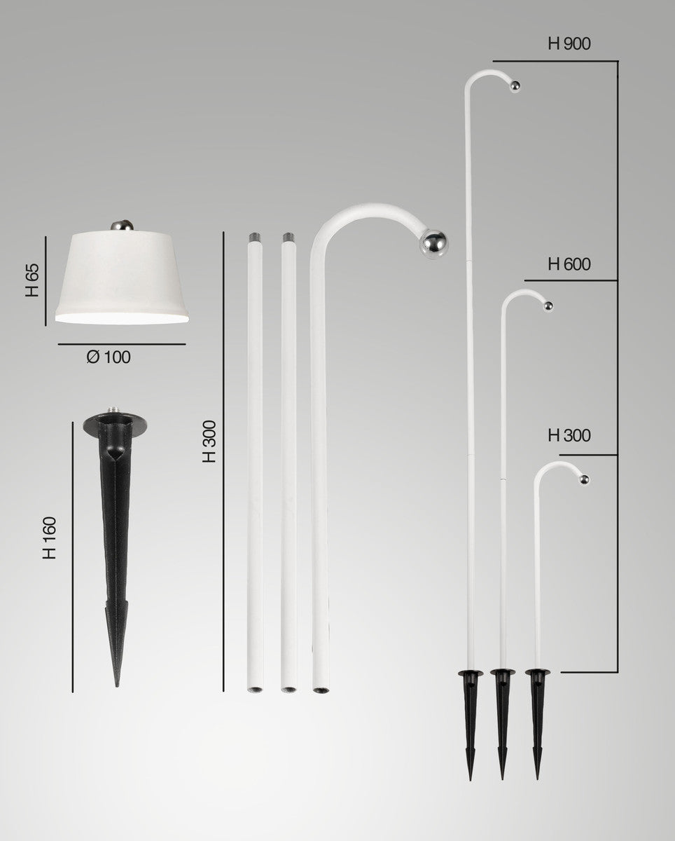 Schéma de dimensions avec cotes H900, H600, H300, abat-jour et piquet