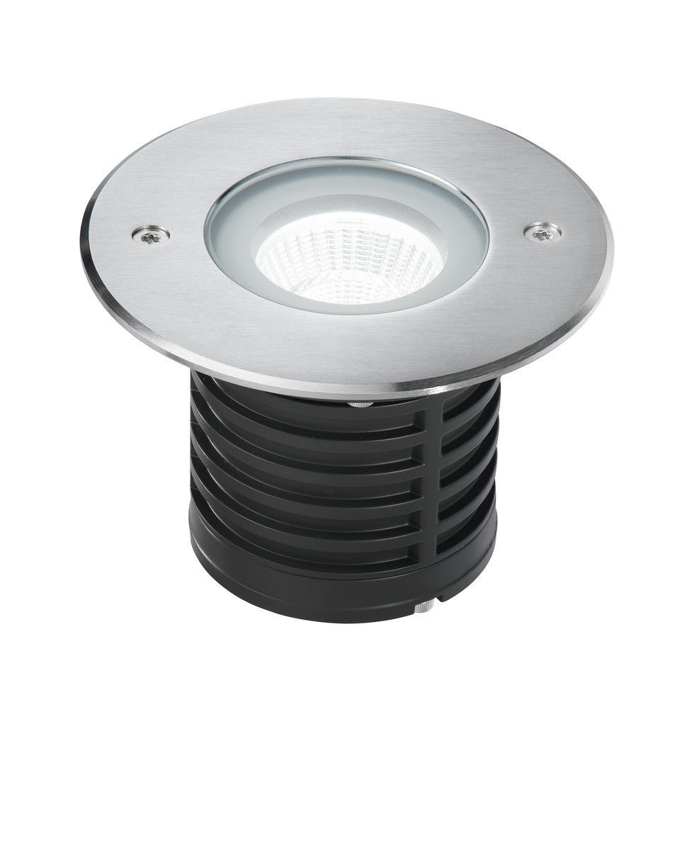 Vue de dessus, collerette inox brossé vissée et lentille LED blanche allumée
