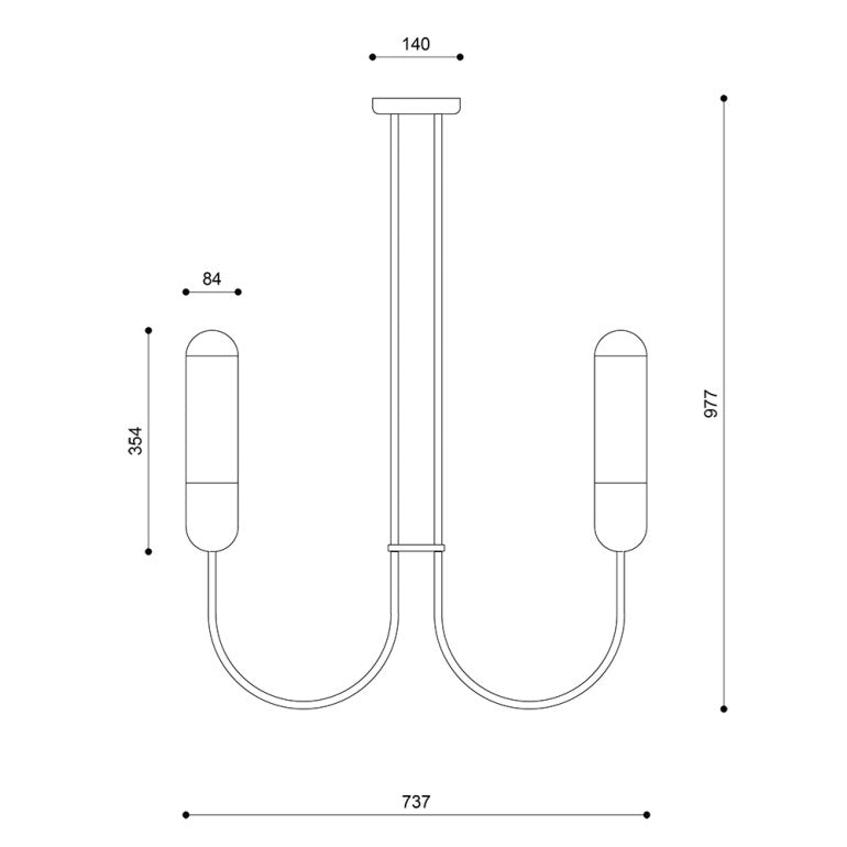 Schéma coté du lustre : hauteur totale 977 mm, largeur 737 mm et détails des diffuseurs.