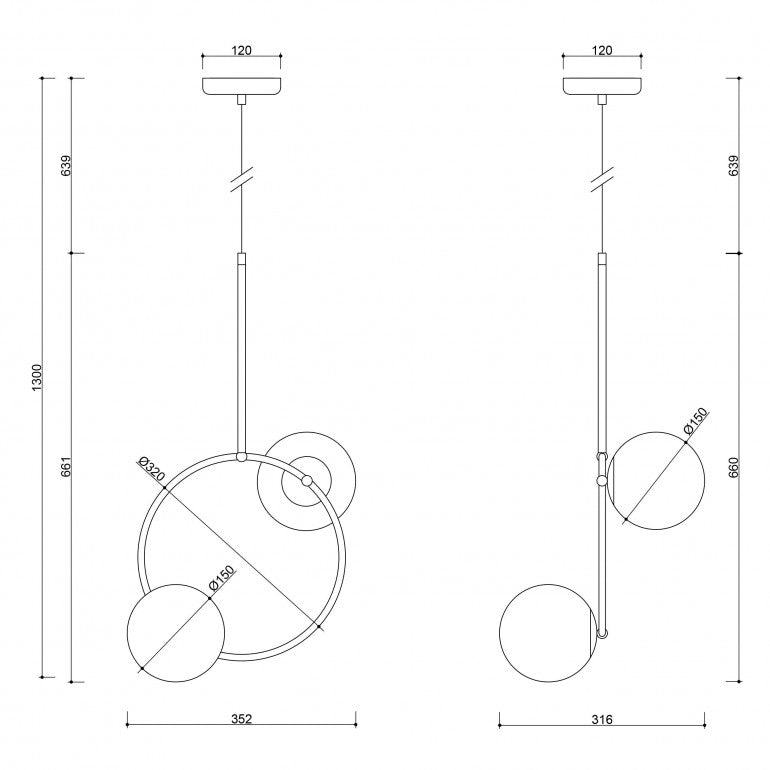 Schéma coté du luminaire avec hauteur totale, diamètre anneau et globes