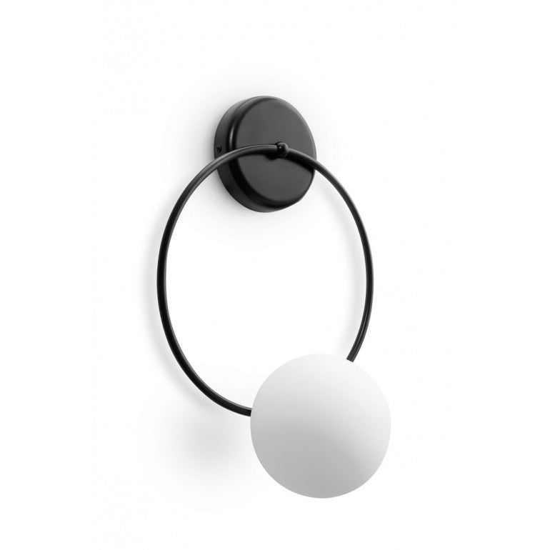 Applique noire inclinée, détail du fixateur rond et de la sphère blanche
