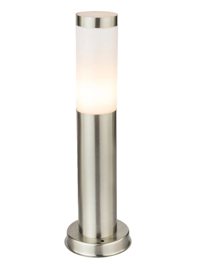 Lampadaire colonne allumé, cylindre de verre opalin et fût inox brossé