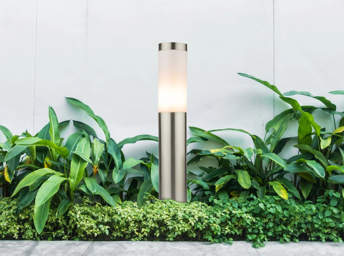 Mise en ambiance : lampadaire dressé dans une jardinière de plantes vertes luxuriantes