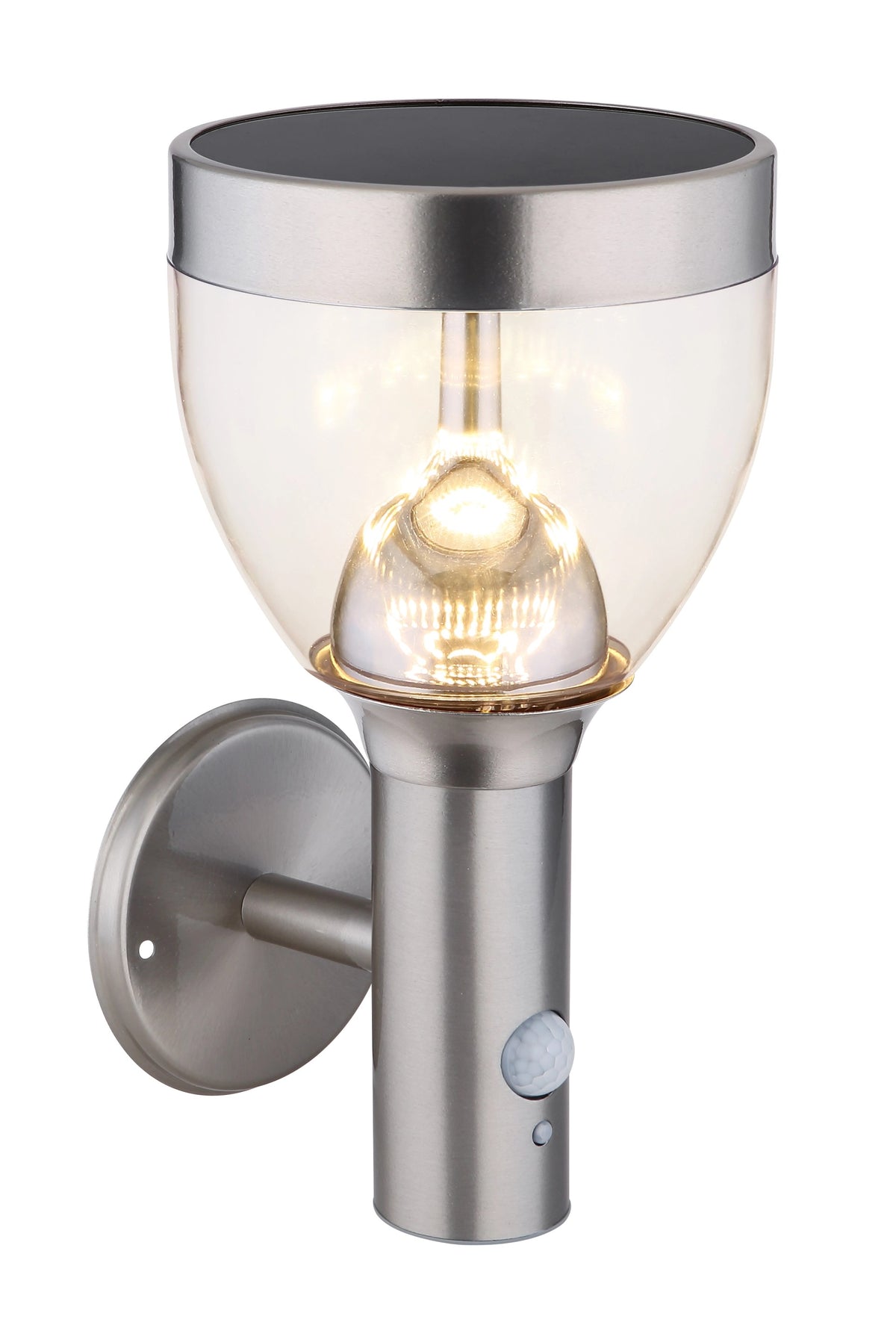 Vue de trois quarts du luminaire éteint, corps cylindrique et platine murale