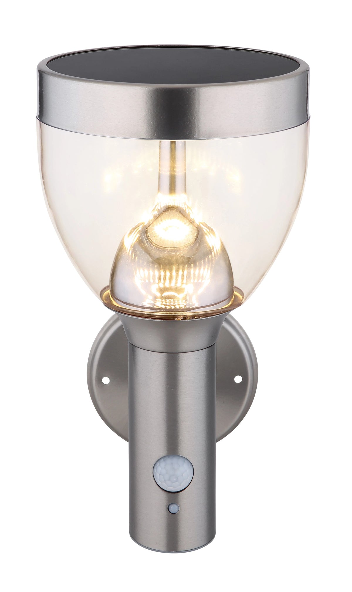 Applique inox de face, lumière chaude et détecteur de mouvement intégré