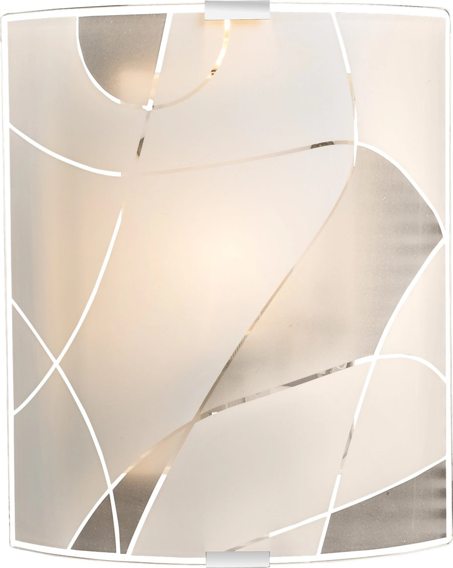 Vue rapprochée de l'applique allumée, détail du motif géométrique filaire blanc