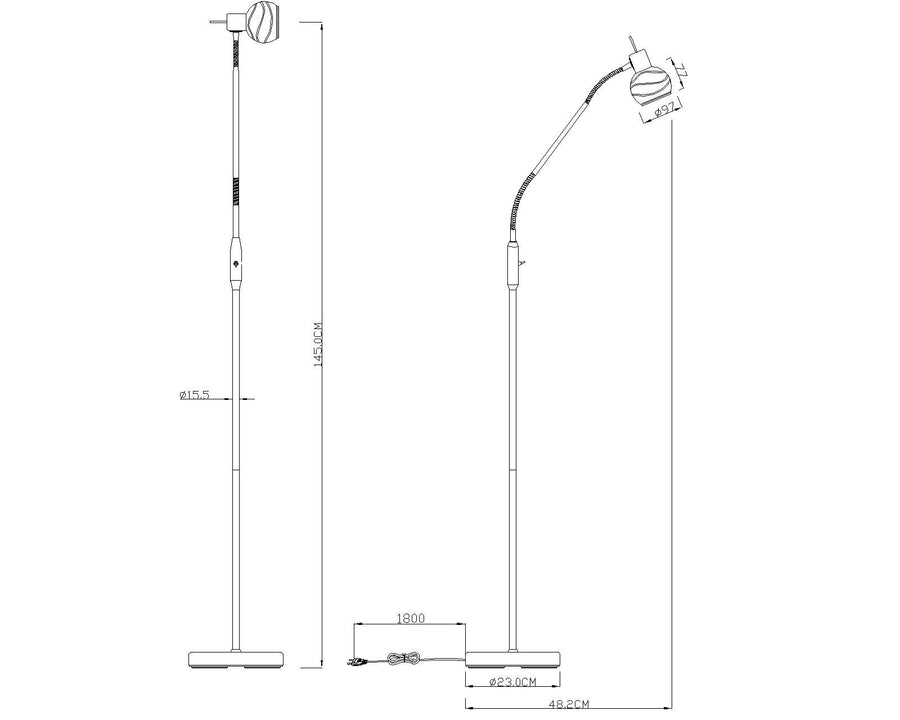 Vue technique détaillée du luminaire avec dimensions de la tige et de l'encombrement.