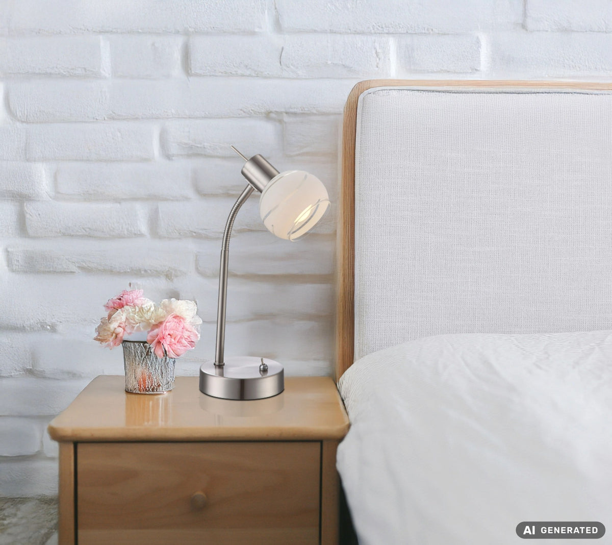 Lampe posée sur une table de nuit en bois, près d’un lit, dans une chambre.